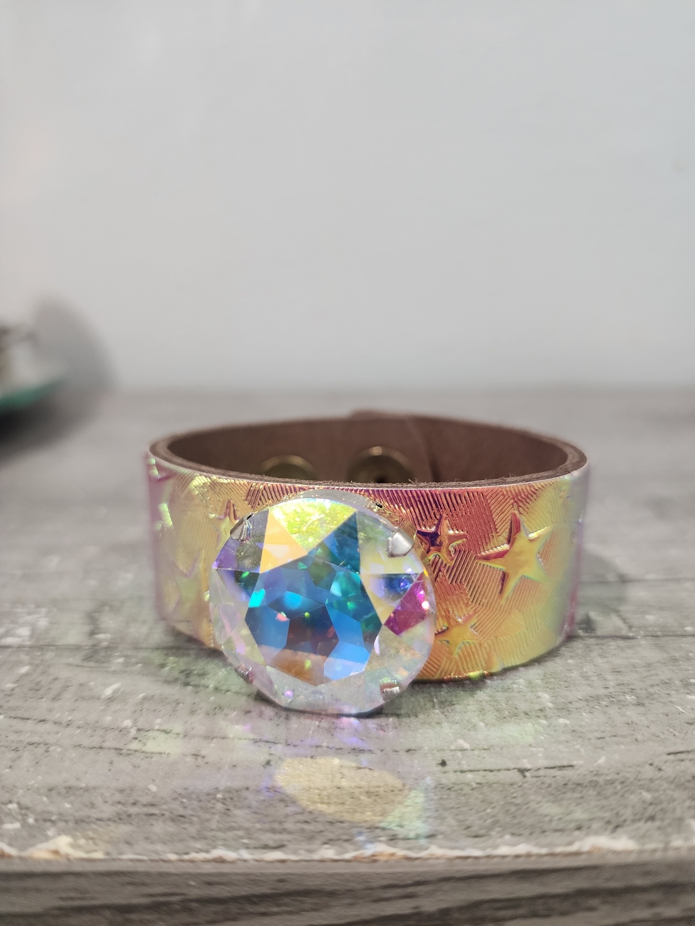 Sandra Ling Iridescent Star Leather Cinch Cuff Bracelet with Crystal Accent